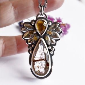Rutilated quartz and a faceted citrine gemstone with solid 18k gold "dots".